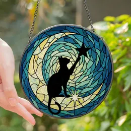Cat Lovers' Tiffany Style Black Cat Moon Celestial Stained Glass Swirling Blue Teal Jewel Mosaic Stained Glass Suncatcher