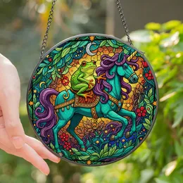 Fantasy Art Enthusiasts' Stained Glass Bright Green Frog & Teal Unicorn Jewel Tone Enchanted Forest Art Stained Glass Suncatcher
