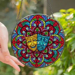 Creative Individuals' Stained Glass Comedy Tragedy Masks, Vibrant Golden Yellow Blue Jewel Tones, Intricate Mosaic Art Stained Glass Suncatcher