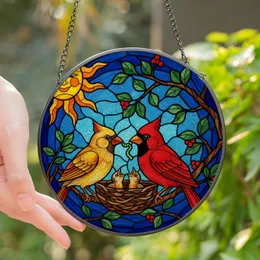 Nature Lovers' Tiffany Style Stained Glass Cardinal Family Nest Scene, Vibrant Jewel Tones, Azure Moon Frame Stained Glass Suncatcher