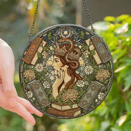 Fantasy Art Lovers' Jewel Tone Tiffany Stained Glass Serpent Crowned Woman Books & Botanical Mosaic Stained Glass Suncatcher