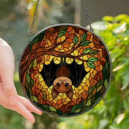 Nature Lovers' Cute Upside Down Bat Tiffany Stained Glass Forest Mosaic Deep Brown Green Orange Stained Glass Suncatcher
