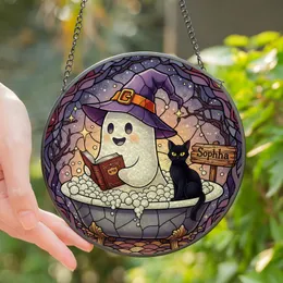 Whimsical Art Aficionados' Stained Glass Ghost Black Cat Magic Bathtub Autumnal Jewel Tones Stained Glass Suncatcher