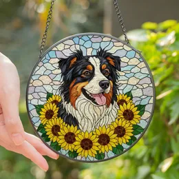 Dog Lovers' Tiffany Stained Glass Happy Tri-Color Australian Shepherd, Sunflower Wreath, Iridescent Mosaic, Glowing Jewel Tones Stained Glass Suncatcher