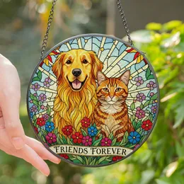 Pet Lovers' Tiffany Stained Glass Golden Retriever Cat Wildflower Sunburst Art Stained Glass Suncatcher