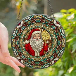 Festive Art Lovers' Intricate Tiffany Style Stained Glass Smiling Santa Mosaic Red Gold Teal Geometric Design Stained Glass Suncatcher