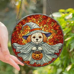 Halloween Enthusiasts' Intricate Stained Glass Fluffy Puppy Witch Orange Ghostly Cloak Autumn Mosaic Stained Glass Suncatcher