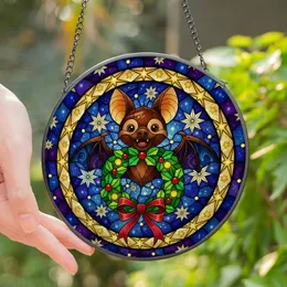 Holiday Lovers' Jewel Tone Stained Glass Bat Christmas Wreath Celestial Mosaic Stained Glass Suncatcher