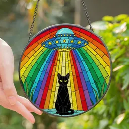 Cat & Sci-Fi Enthusiasts' Vibrant Tiffany Style Black Cat Rainbow UFO Tractor Beam Mosaic Stained Glass Suncatcher