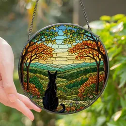 Cat Lovers' Intricate Tiffany Stained Glass Black Cat, Jewel Tone Autumn Forest Landscape Stained Glass Suncatcher