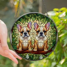 French Bulldog Lovers' Tiffany Stained Glass French Bulldog Puppies Warm Tan Caramel Verdant Green Mosaic Stained Glass Suncatcher