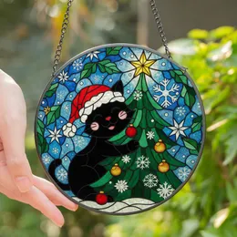 Festive Cat Lovers' Stained Glass Black Cat Santa Hat Christmas Tree Jewel Tones Intricate Winter Mosaic Stained Glass Suncatcher