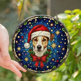 Jack Russell Lovers' Stained Glass Jack Russell Terrier, Santa Hat, Christmas Wreath, Jewel Tones, Starry Mosaic Background Stained Glass Suncatcher