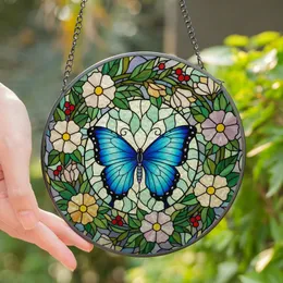 Nature Lovers' Majestic Blue Butterfly Tiffany Stained Glass Floral Wreath Iridescent Teal Lavender Emerald Green Stained Glass Suncatcher
