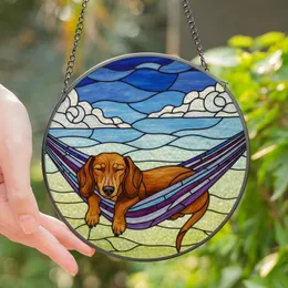 Dachshund Lovers' Serene Tiffany Stained Glass Dachshund Hammock Jewel Tone Sky Art Stained Glass Suncatcher