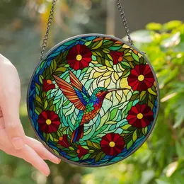 Nature Lovers' Vibrant Hummingbird Tiffany Stained Glass Floral Wreath Mosaic Jewel Tones Dappled Background Stained Glass Suncatcher
