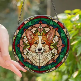 Corgi Lovers' Intricate Tiffany Style Amber Olive Green Stained Glass Geometric Art Stained Glass Suncatcher