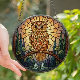 Nature Lovers' Majestic Owl Stained Glass Forest Mosaic Art, Tiffany Style Fiery Orange Amber Blue-Grey Stained Glass Suncatcher