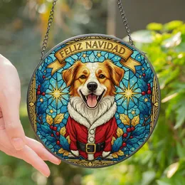 Festive Dog Lovers' Glowing Tiffany Stained Glass Golden Santa Dog, Blue Holly, Gold Stars Mosaic Stained Glass Suncatcher