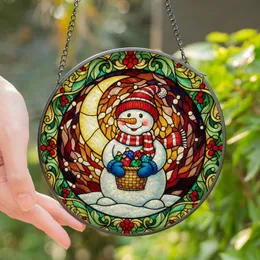 Holiday Enthusiasts' Detailed Stained Glass Snowman Christmas Ornament Basket Glowing Mosaic Amber Red Green Blue Stained Glass Suncatcher