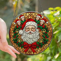 Christmas Lovers' Vibrant Stained Glass Santa, Elves & Holly, Tiffany Style Red Gold Mosaic Art Stained Glass Suncatcher
