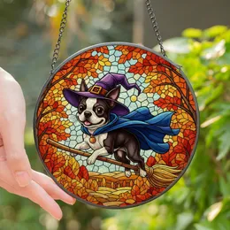 Boston Terrier Lovers' Whimsical Stained Glass Witch Dog Autumn Foliage Purple Blue Orange Stained Glass Suncatcher