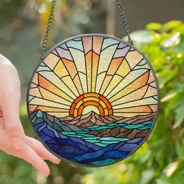 Nature Lovers' Tiffany Stained Glass Rising Sun Mountain Mosaic Art Teal Orange Blue Stained Glass Suncatcher