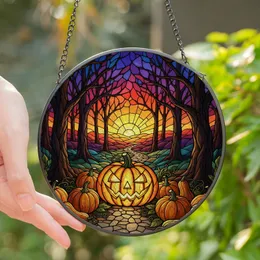 Halloween Enthusiasts' Tiffany Stained Glass Jack-o'-Lantern Enchanted Forest Sunset Jewel Tones Mosaic Stained Glass Suncatcher
