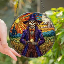 Gothic Art Lovers' Edge-to-Edge Stained Glass Grinning Skeletal Scarecrow, Golden Wheat, Haunted House, Orange Purple Blue Jewel Tones Stained Glass Suncatcher