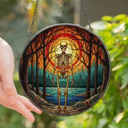 Art Enthusiasts' Vibrant Jewel Tone Stained Glass Skeleton Moonlit Forest Mosaic Stained Glass Suncatcher