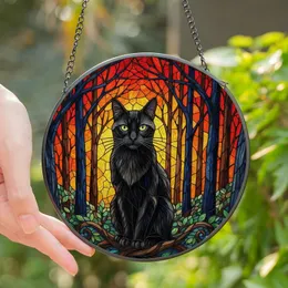 Cat Lovers' Tiffany Style Black Cat Mystical Forest Stained Glass Art: Jewel Tones Stained Glass Suncatcher