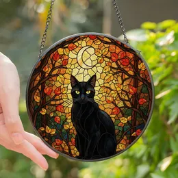 Cat Lovers' Tiffany Stained Glass Black Cat Autumn Forest Moon Jewel Tones Stained Glass Suncatcher
