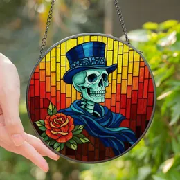 Stained Glass Art Lovers' Edge-to-Edge Tiffany Style Skeleton, Teal Skull, Dark Blue Hat, Red Rose Mosaic Stained Glass Suncatcher