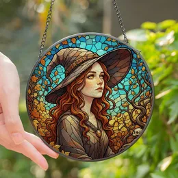 Fantasy Art Lovers' Tiffany Stained Glass Witch Autumnal Foliage Geometric Mosaic Jewel Tones Stained Glass Suncatcher