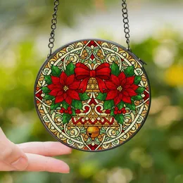 Holiday Decor Enthusiasts' Intricate Stained Glass Christmas Bell Mosaic Poinsettia & Holly Design Stained Glass Suncatcher
