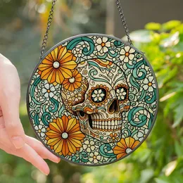 Vibrant Art Lover's Ornate Day of the Dead Sugar Skull Stained Glass Floral Mosaic Jewel Tones Stained Glass Suncatcher