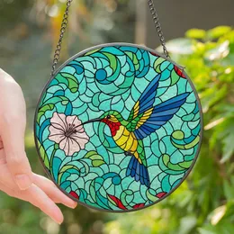 Nature Lovers' Vibrant Stained Glass Hummingbird Pink Flower Jewel Tone Mosaic Stained Glass Suncatcher