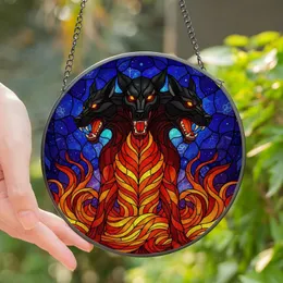 Fantasy Art Lovers' Fearsome Three-Headed Cerberus Stained Glass Mosaic Fiery Orange Red & Cosmic Blue Tiffany Style Pattern Stained Glass Suncatcher