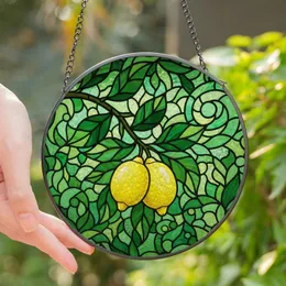 Women's Detailed Tiffany Style Stained Glass Lemon Botanical Swirl Pattern Yellow Emerald Green Stained Glass Suncatcher