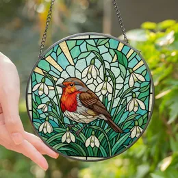 Nature Lovers' Tiffany Stained Glass European Robin Snowdrop Floral Mosaic Art Stained Glass Suncatcher