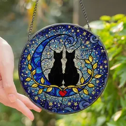 Mystical Cat Lovers' Intricate Stained Glass Black Cats Moon Stars Jewel Tone Art Stained Glass Suncatcher