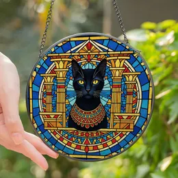 Cat Lovers' Regal Black Cat Gold Collar Egyptian Stained Glass Art Blue Gold Red Jewel Tones Stained Glass Suncatcher