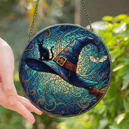 Witchcore Aesthetic Lovers Intricate Tiffany Stained Glass Witch Hat, Black Cat, Bat, Jewel Tone Midnight Sky Art Stained Glass Suncatcher