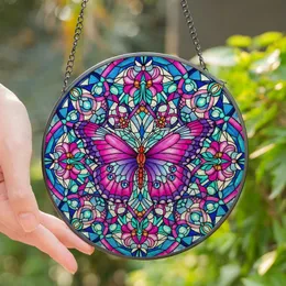 Nature Lovers' Tiffany Glass Butterfly Mosaic Pink Purple Blue Geometric Floral Filigree Stained Glass Suncatcher