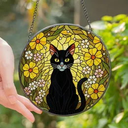 Cat Lovers' Tiffany Style Black Cat Floral Garden Jewel Tone Stained Glass Stained Glass Suncatcher