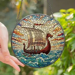 Viking Enthusiasts' Majestic Longship Dragon Head Stained Glass Art Turbulent Sea Mosaic Glowing Jewel Tones Stained Glass Suncatcher
