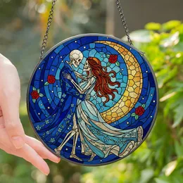 Romantic Art Lovers' Tiffany Stained Glass Skeletal Couple Dance Deep Blue Gold Amber Crescent Moon Mosaic Stained Glass Suncatcher