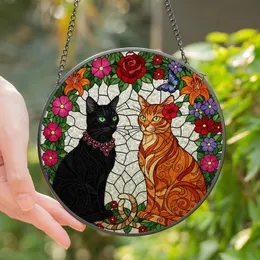Cat Lovers' Vibrant Stained Glass Black Cat Orange Tabby Tiffany Floral Mosaic Stained Glass Suncatcher