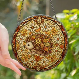 Hedgehog Lovers' Tiffany Style Stained Glass Autumnal Floral Mosaic Jewel Tone Pattern Stained Glass Suncatcher