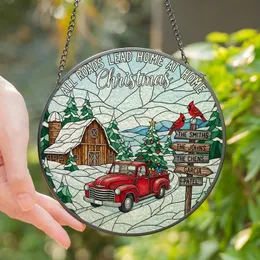 Christmas Enthusiasts' Tiffany Style Stained Glass Vintage Red Truck Winter Homecoming Scene Stained Glass Suncatcher